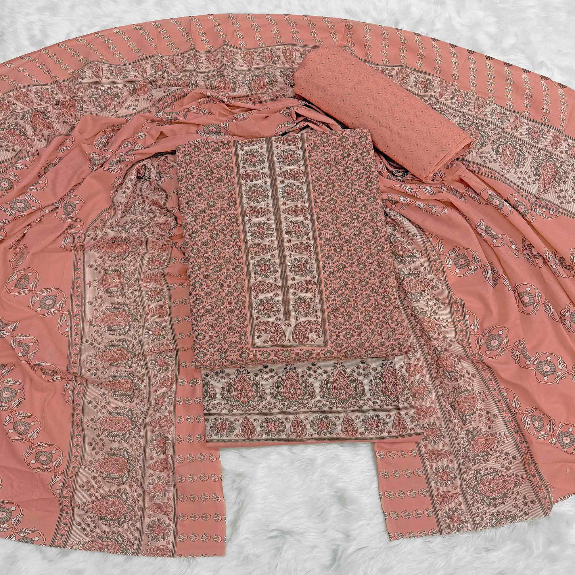 Vibrant Peach Floral Print Pure Cotton Dress Material With Refined Craftsmanship