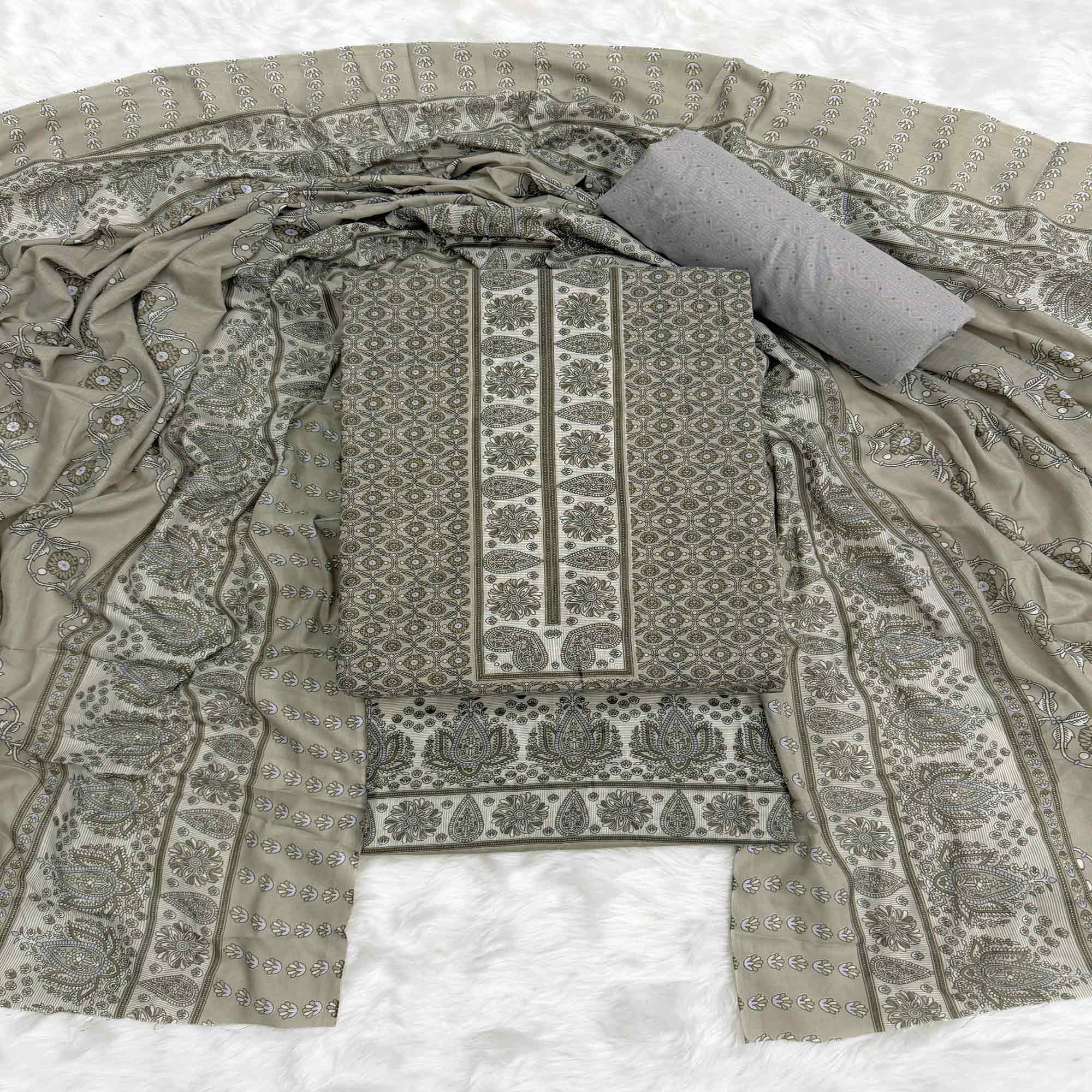 Vibrant Grey Floral Print Pure Cotton Dress Material With Refined Craftsmanship