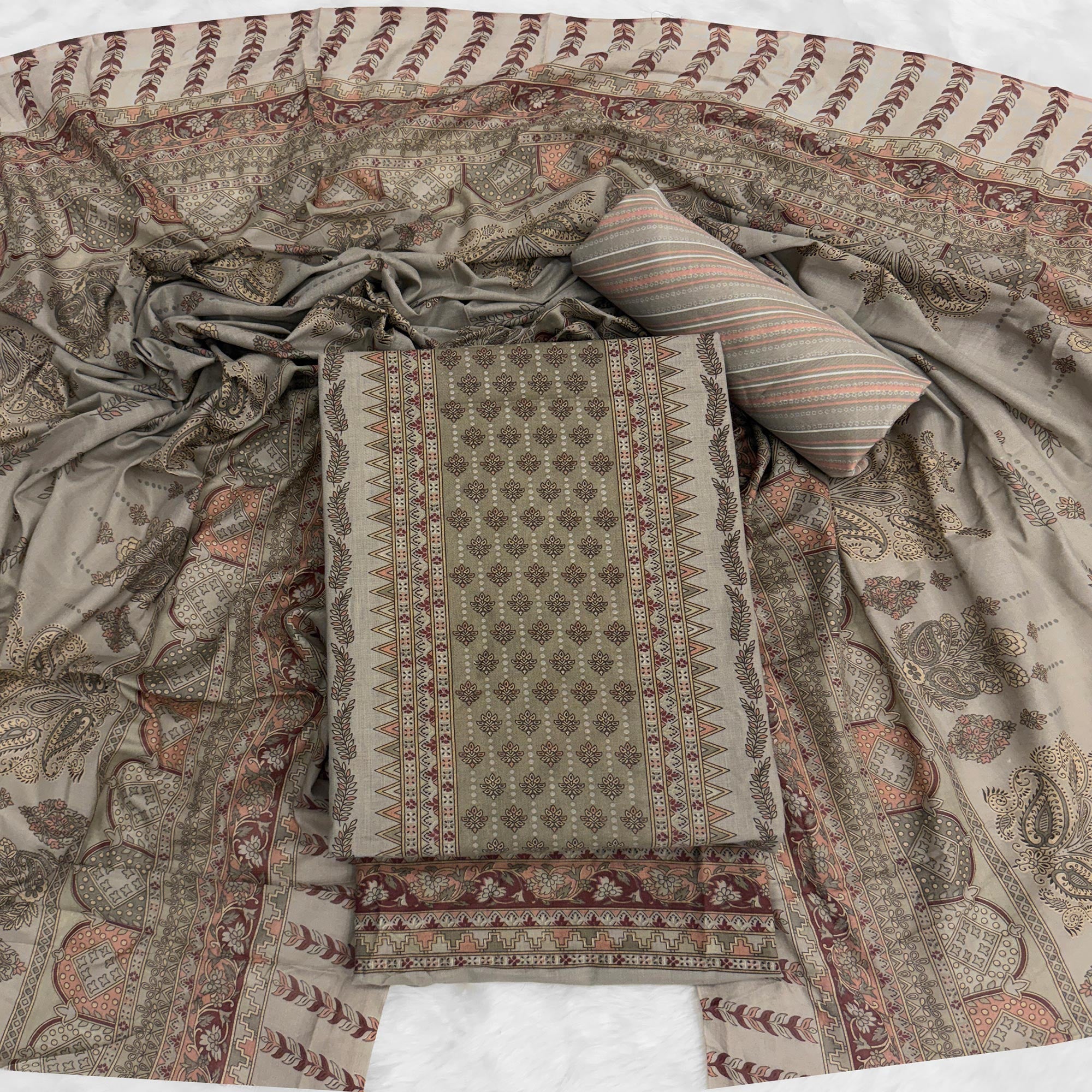 Vibrant Grey Pure Cotton Dress Material Featuring Artistic Floral Print