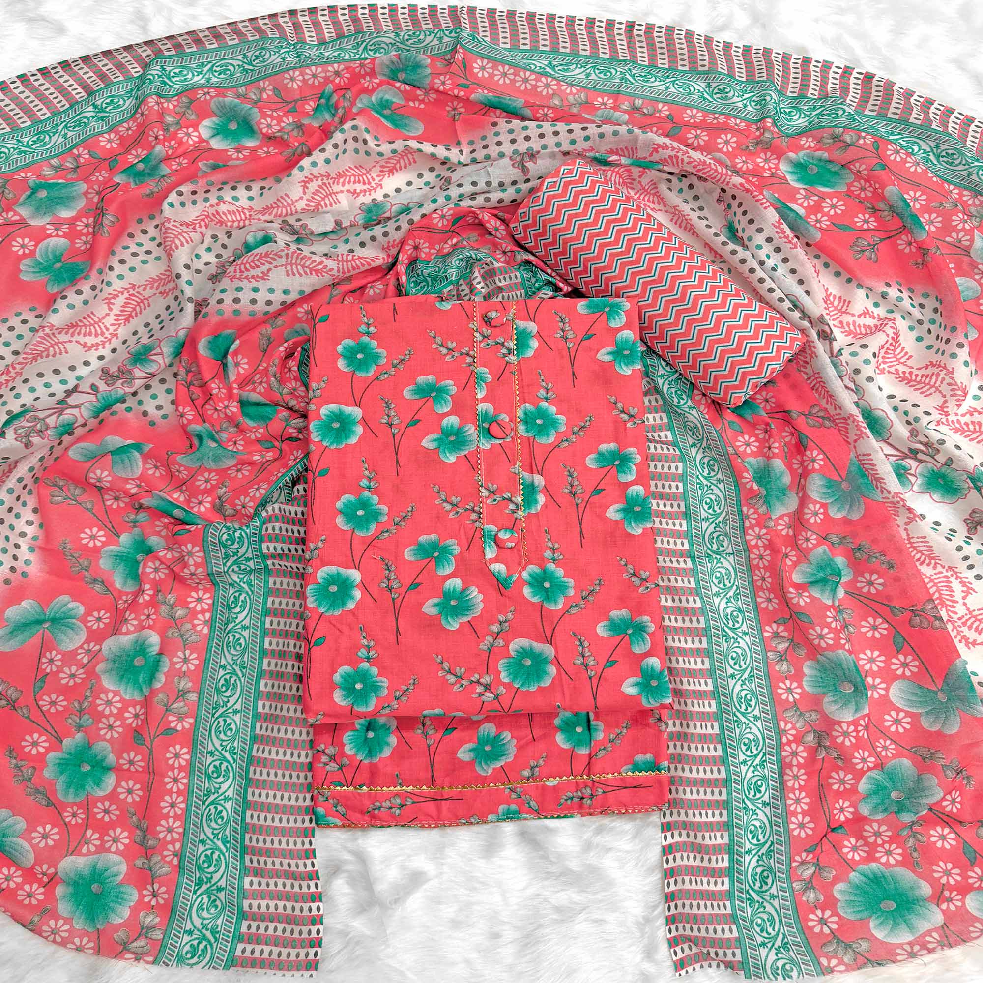 Red Floral Printed Pure Cotton Dress Material With Stylish Tie Neck & Fancy Button Work