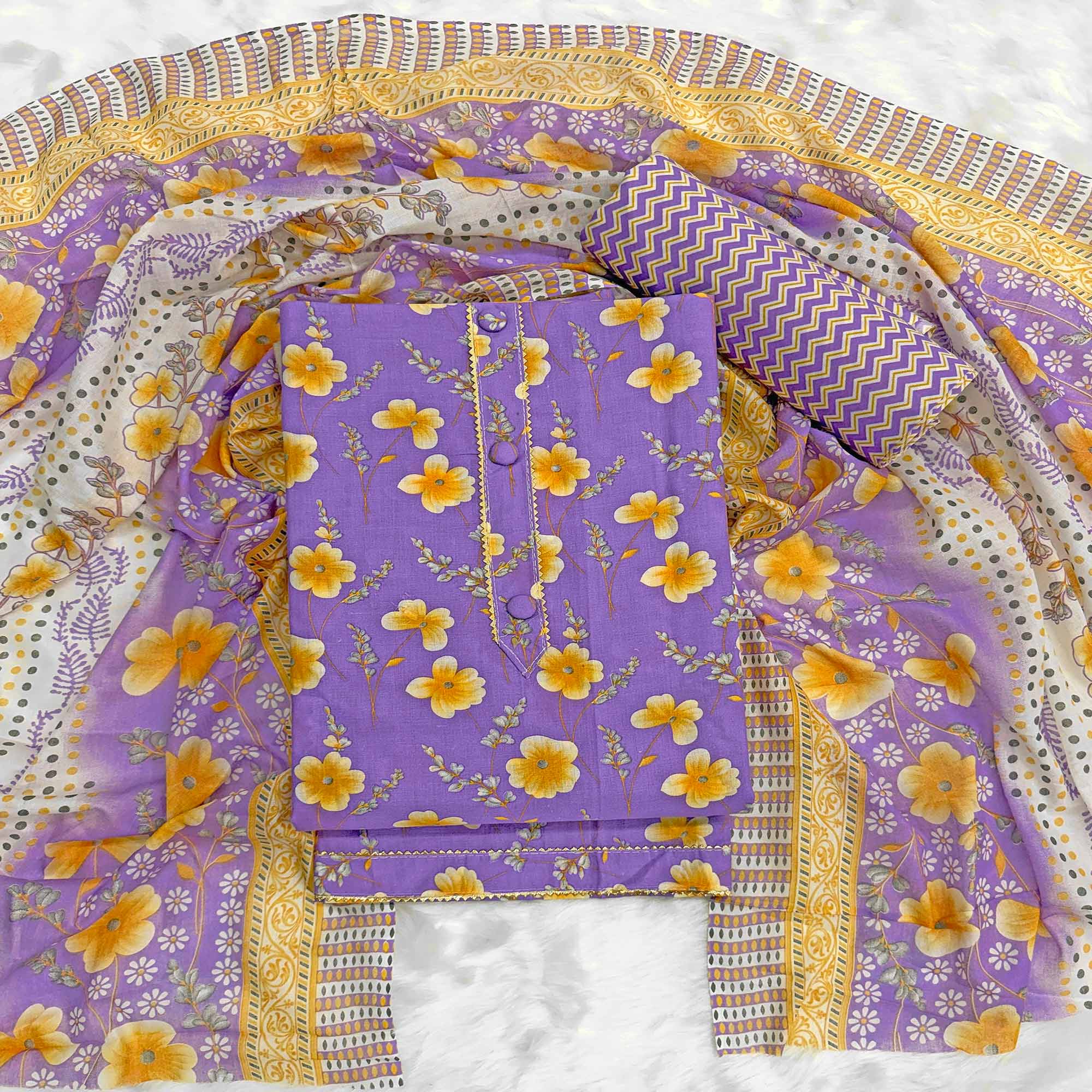 Lavender Floral Printed Pure Cotton Dress Material With Stylish Tie Neck & Fancy Button Work