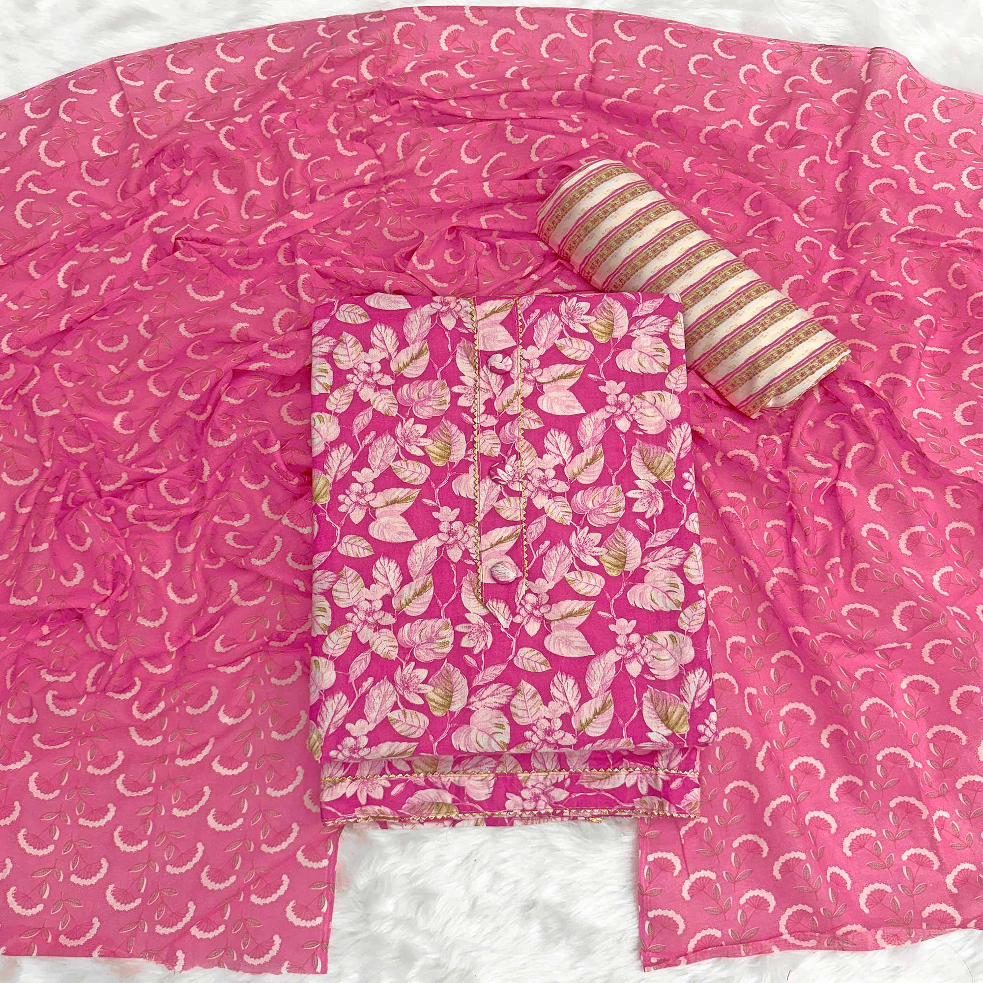 Charming Magenta Pure Cotton Dress Material Featuring Floral Print With Tie On Neck & Fancy Button