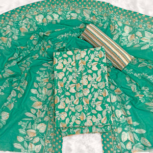 Charming Green Pure Cotton Dress Material Featuring Floral Print With Tie On Neck & Fancy Button