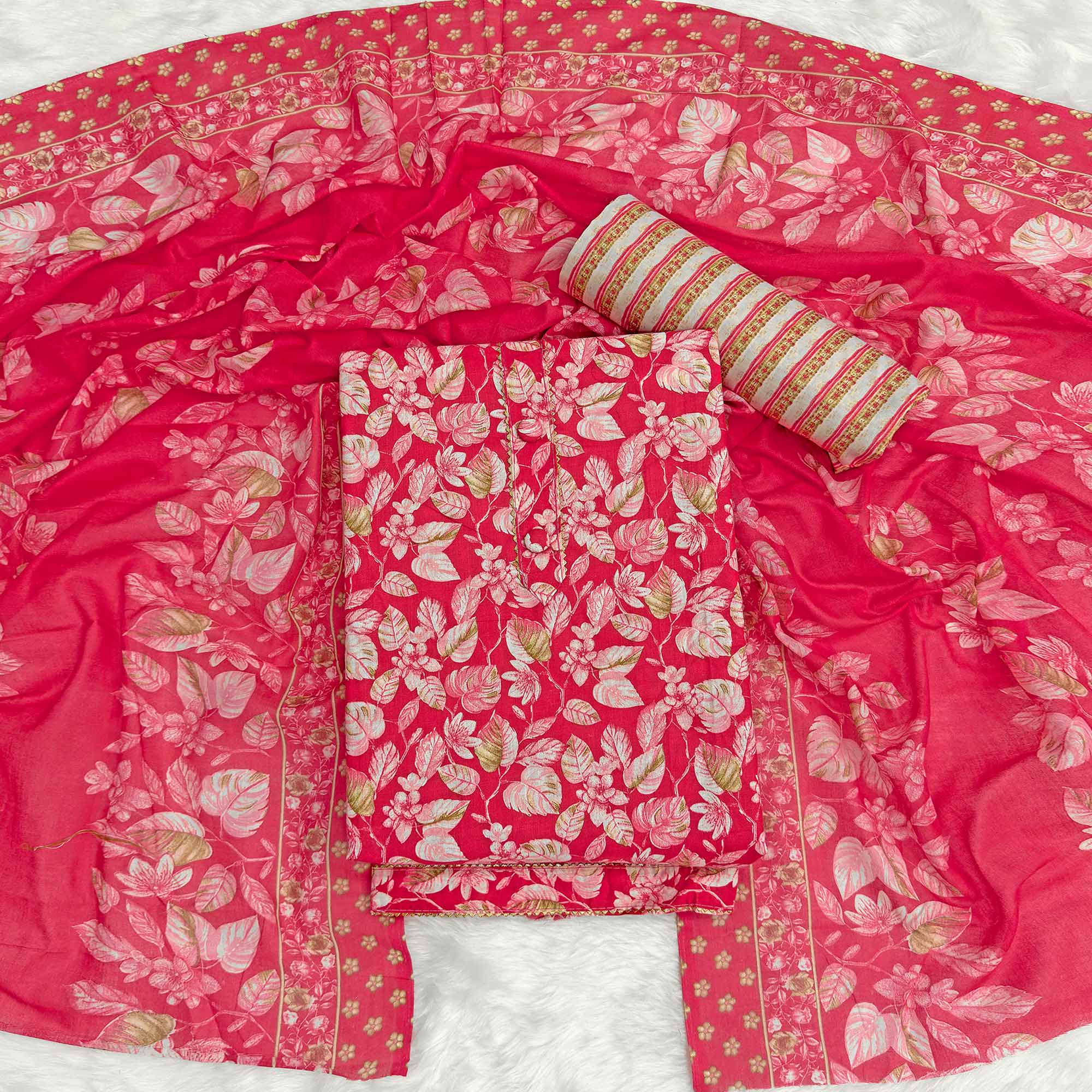 Cherry Red Pure Cotton Dress Material Featuring Floral Print With Tie On Neck & Fancy Button