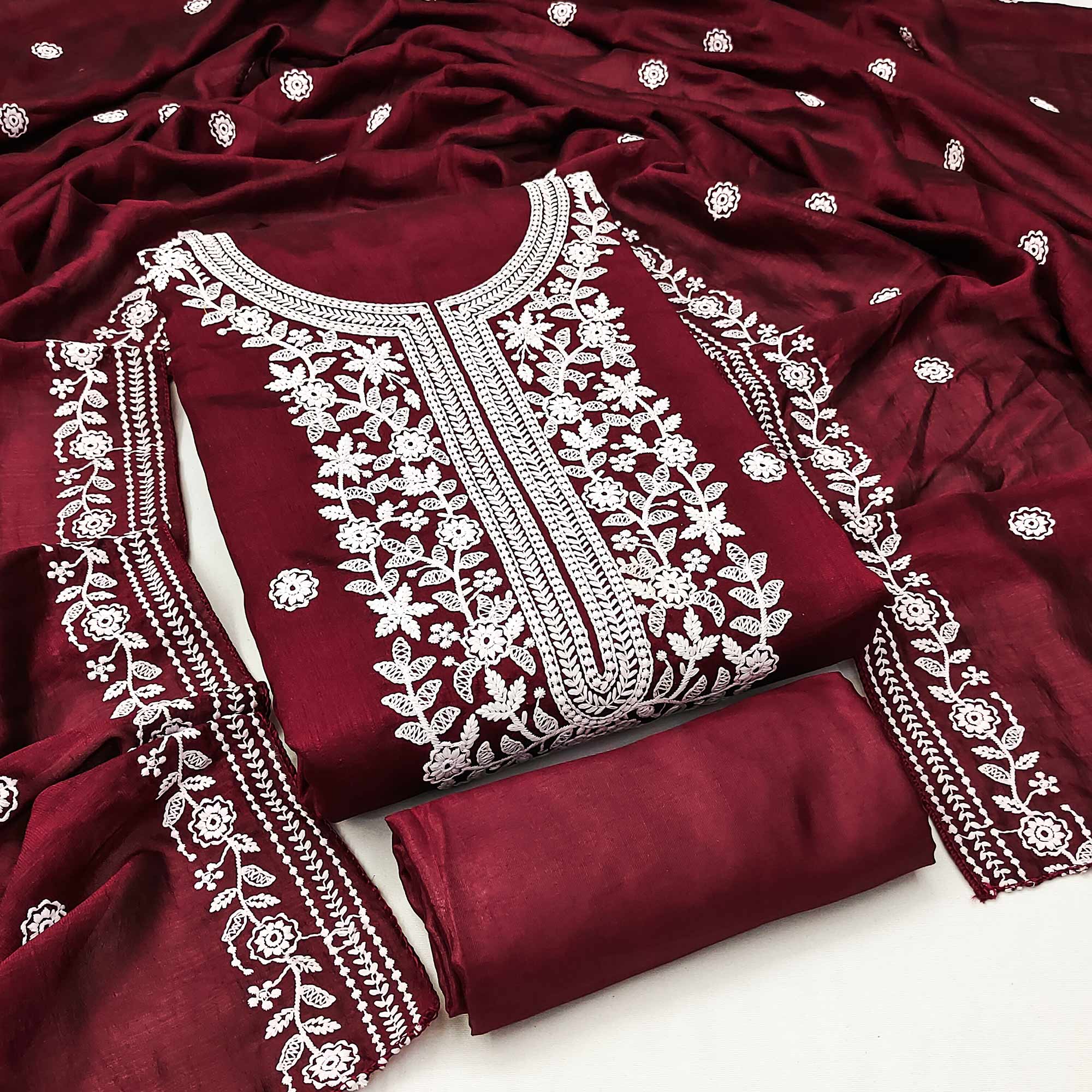Maroon Floral Embroidered Vichitra Silk Dress Material