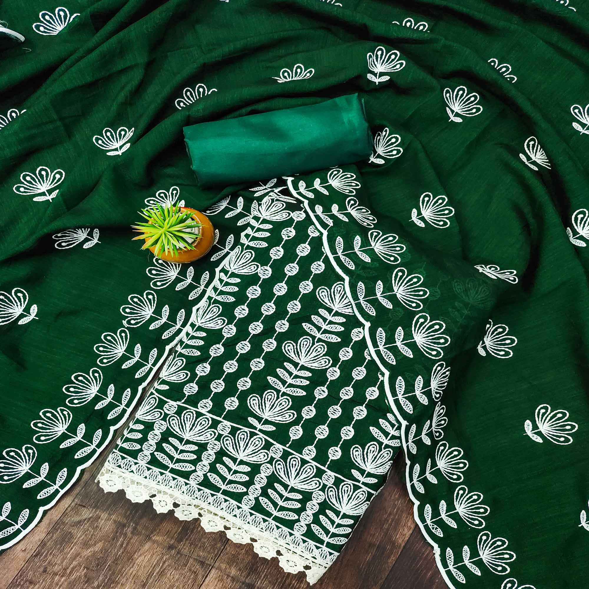 Green Floral Embroidered Vichitra Silk Dress Material
