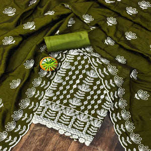 Mehendi Green Floral Embroidered Vichitra Silk Dress Material