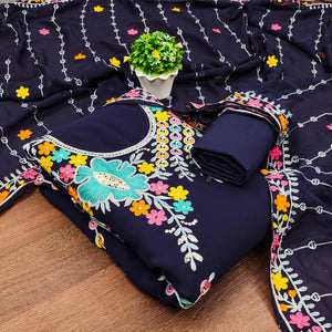 Navy Blue Floral Sequins Embroidered Georgette Dress Material