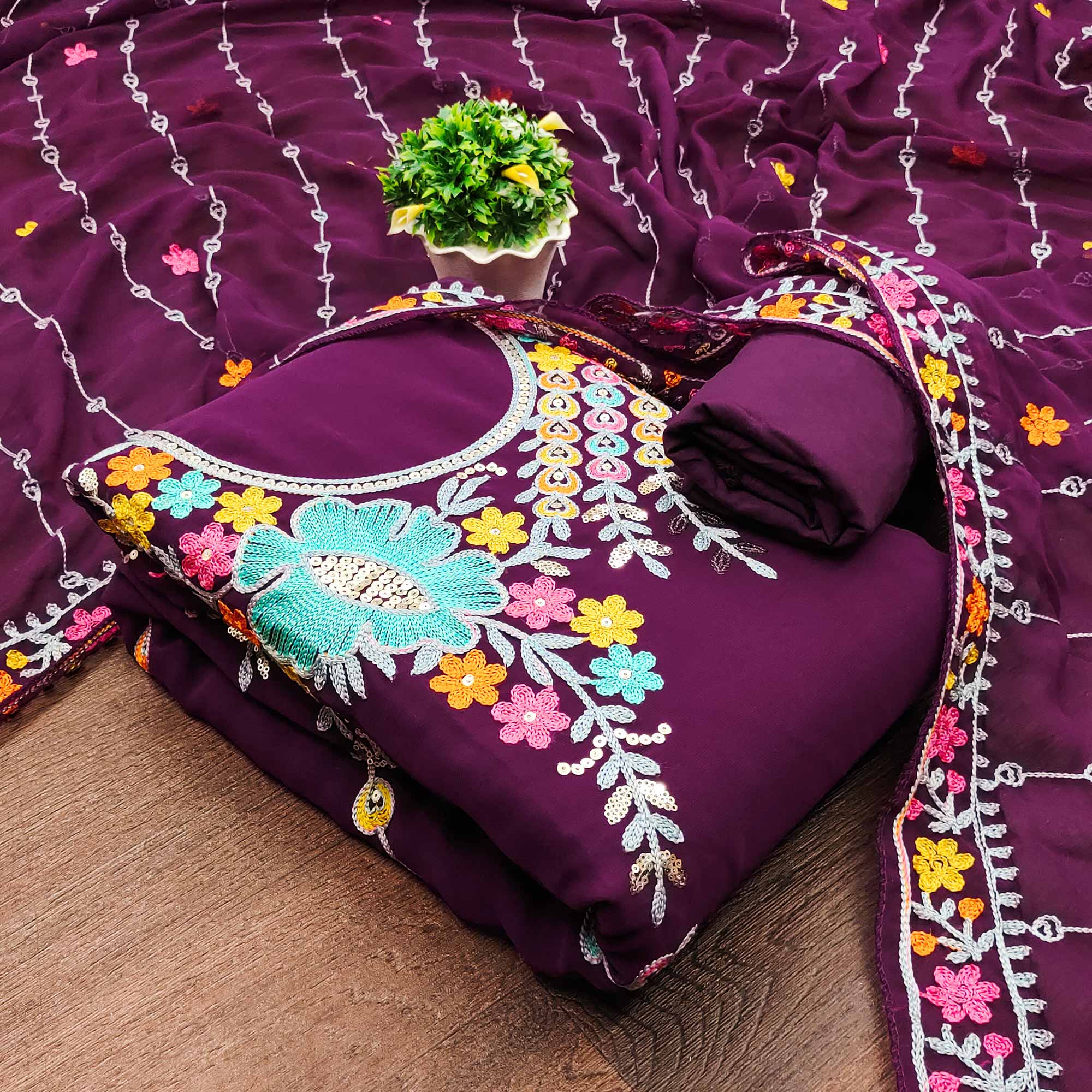 Purple Floral Sequins Embroidered Georgette Dress Material