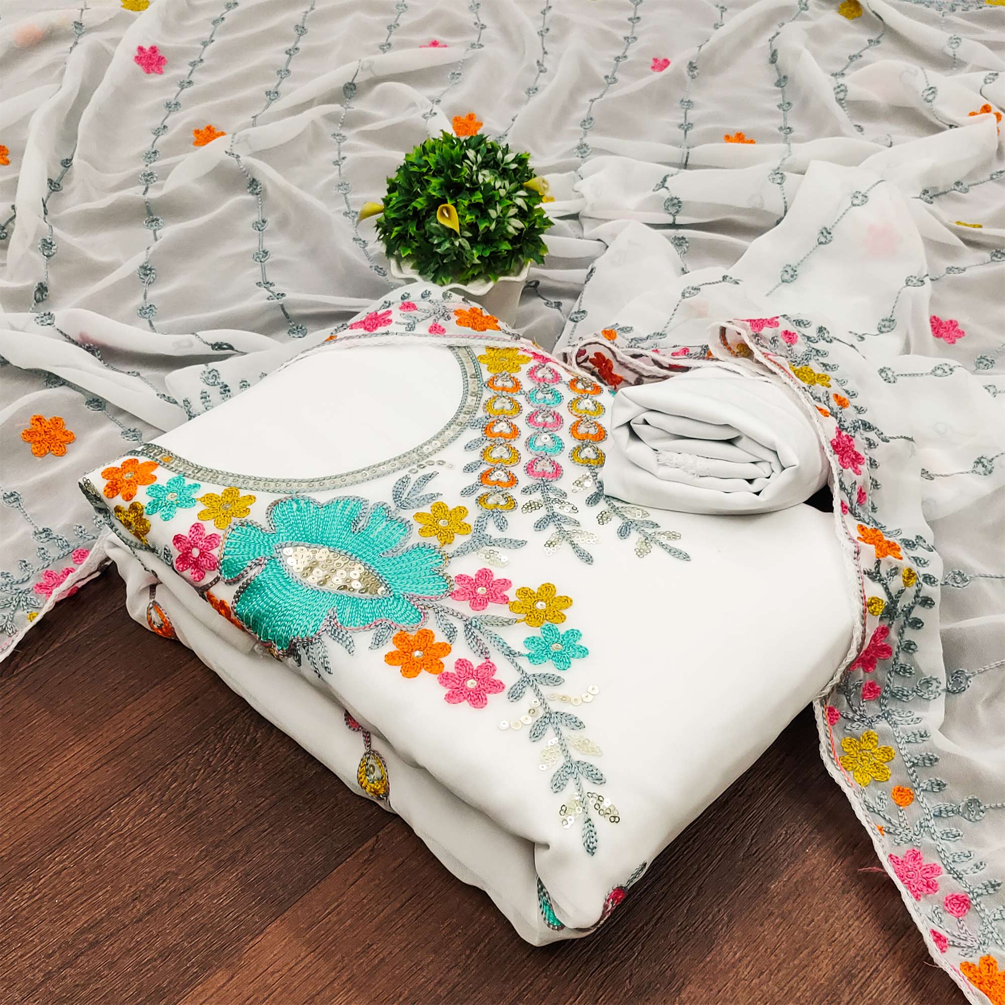 White Floral Sequins Embroidered Georgette Dress Material