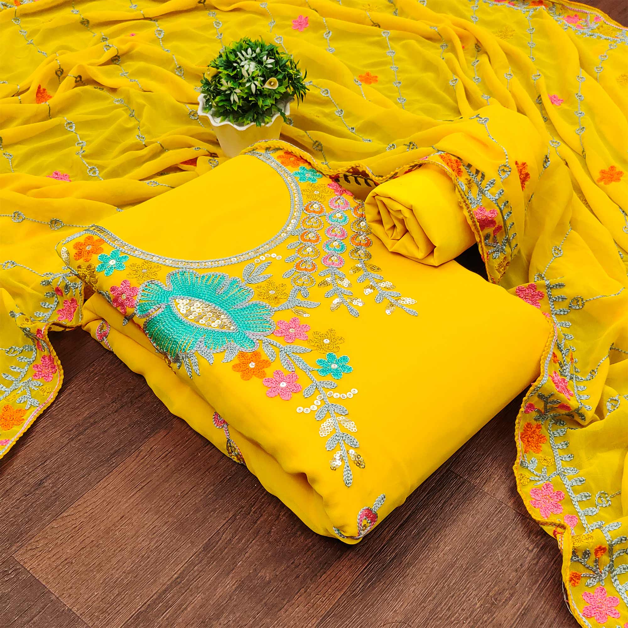 Yellow Floral Sequins Embroidered Georgette Dress Material