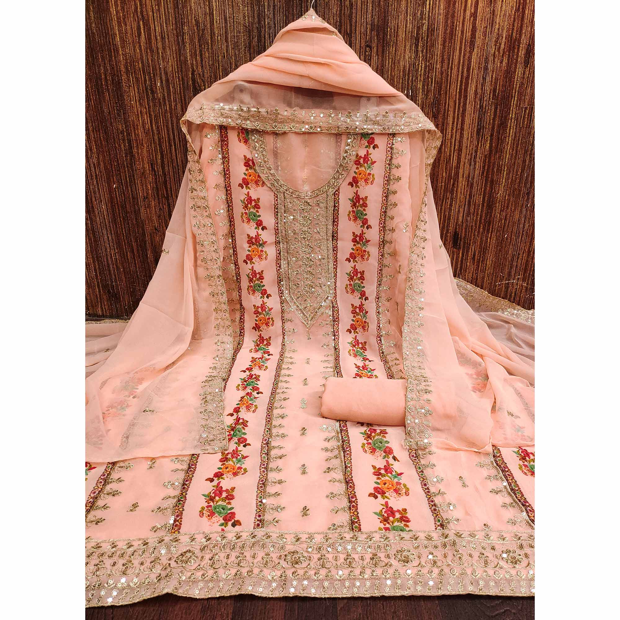 Peach Floral Embroidered With Printed Georgette Dress Material