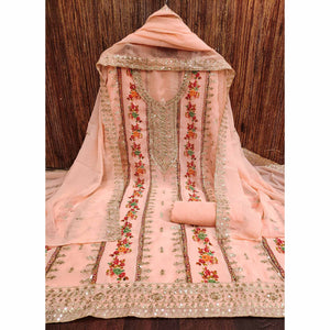 Peach Floral Embroidered With Printed Georgette Dress Material