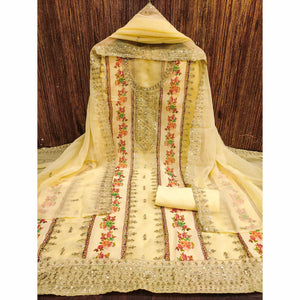 Yellow Floral Embroidered With Printed Georgette Dress Material