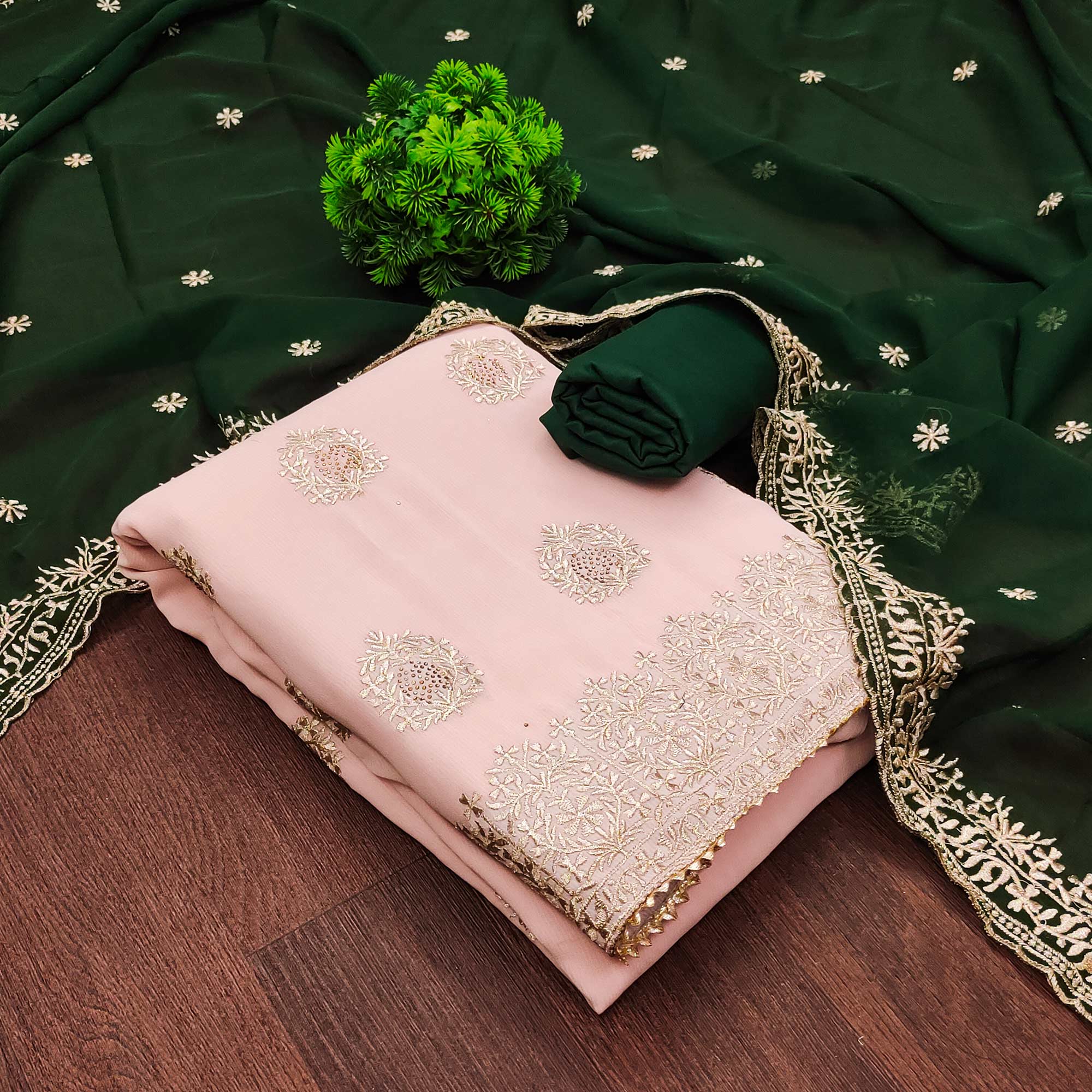 Pink Floral Embroidered Silk Dress Material