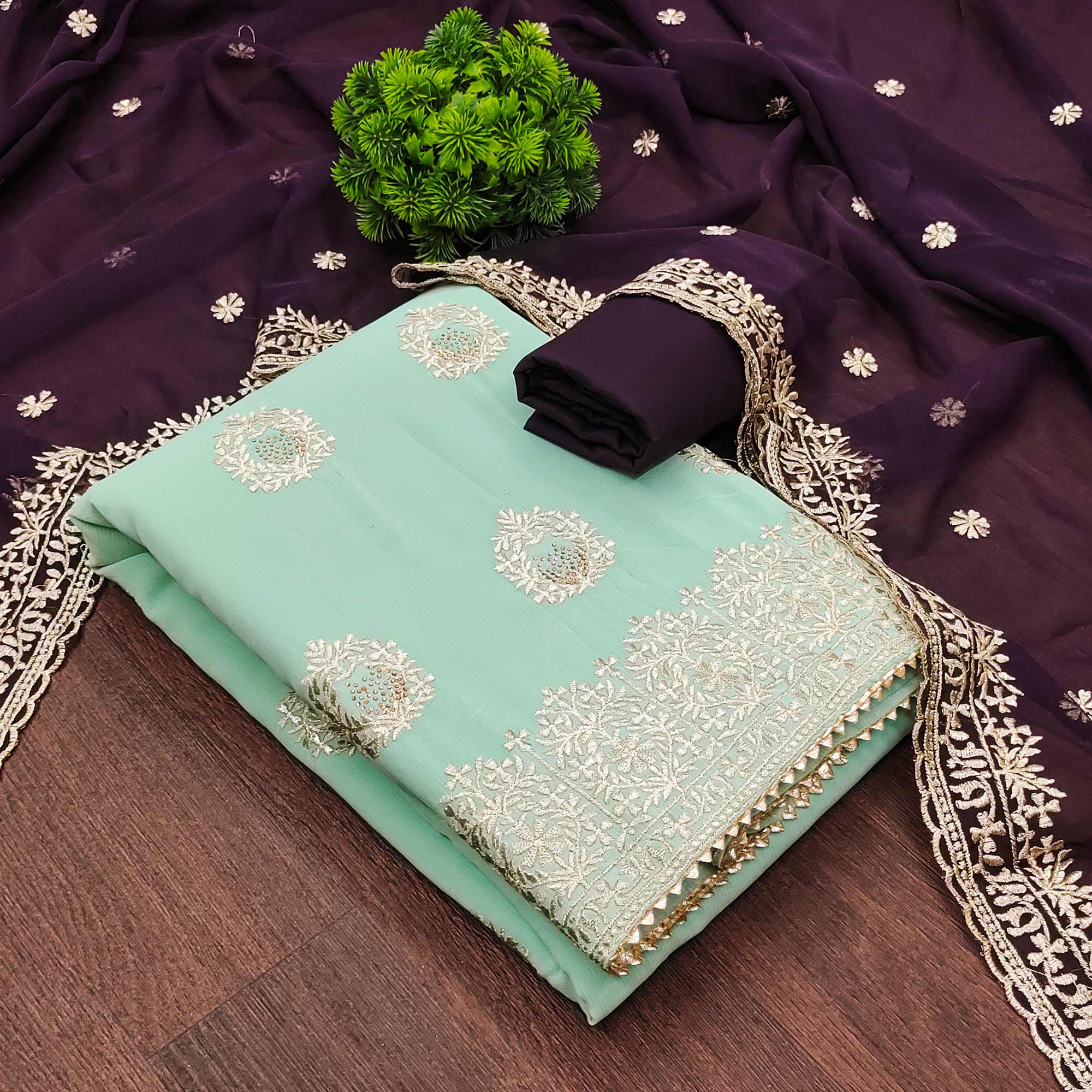 Sea Green Floral Embroidered Silk Dress Material