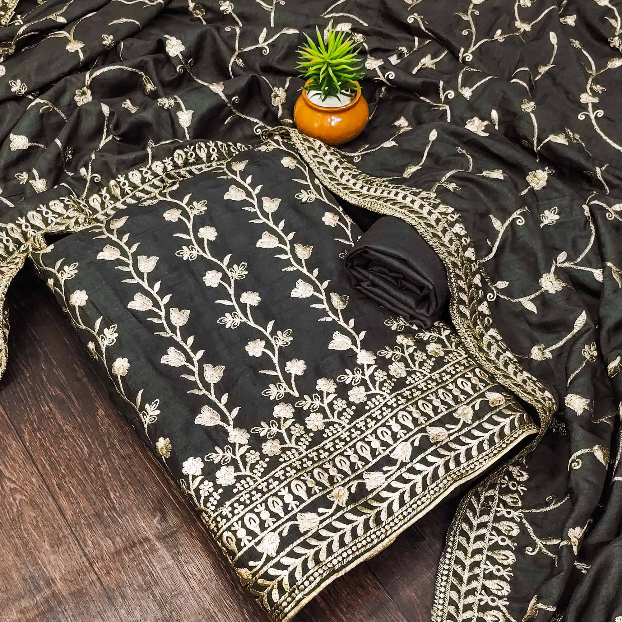 Grey Floral Embroidered Vichitra Silk Dress Material