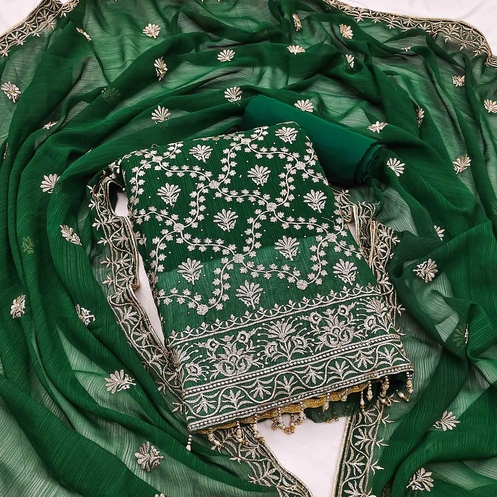 Green Floral Embroidered Georgette Dress Material