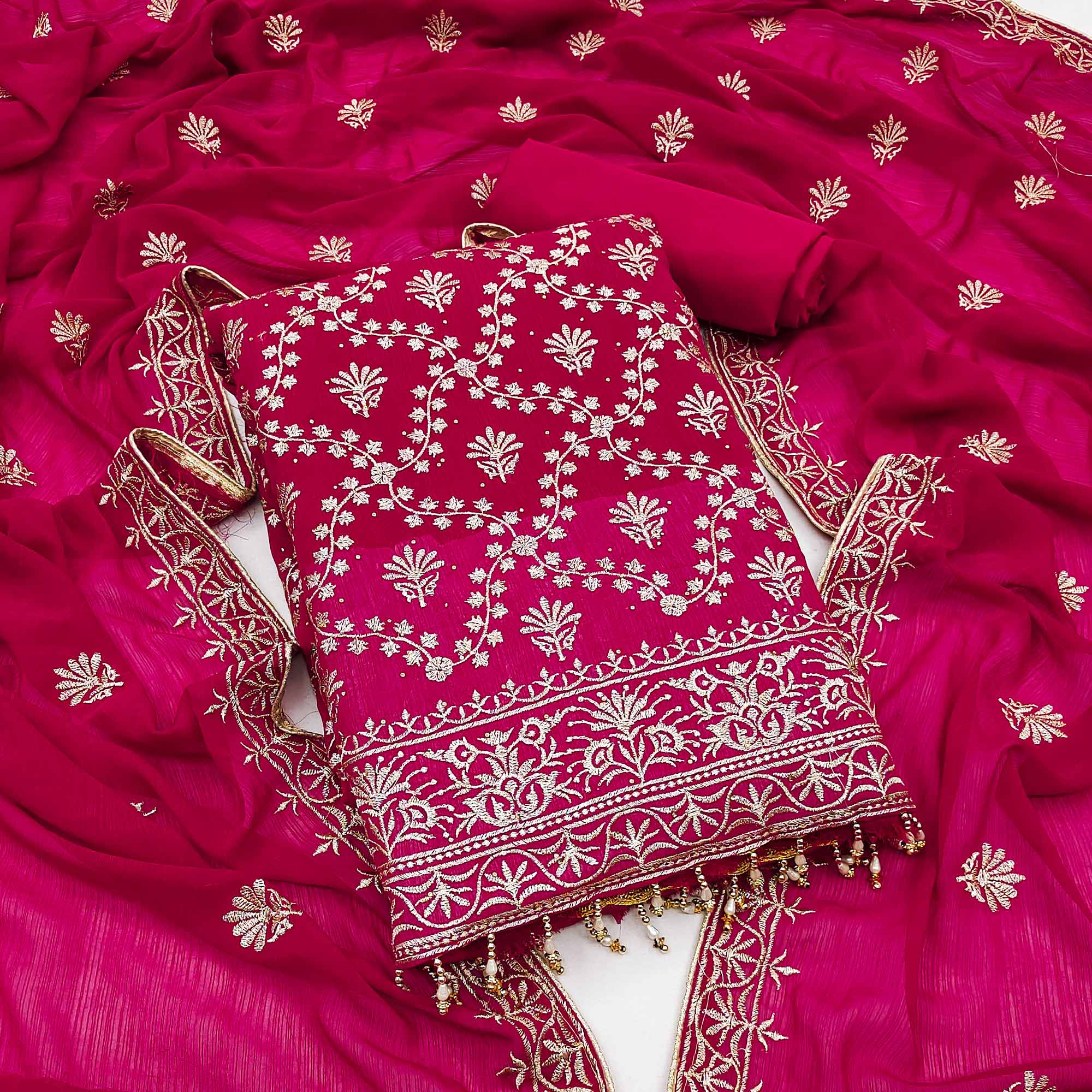Rani Pink Floral Embroidered Georgette Dress Material