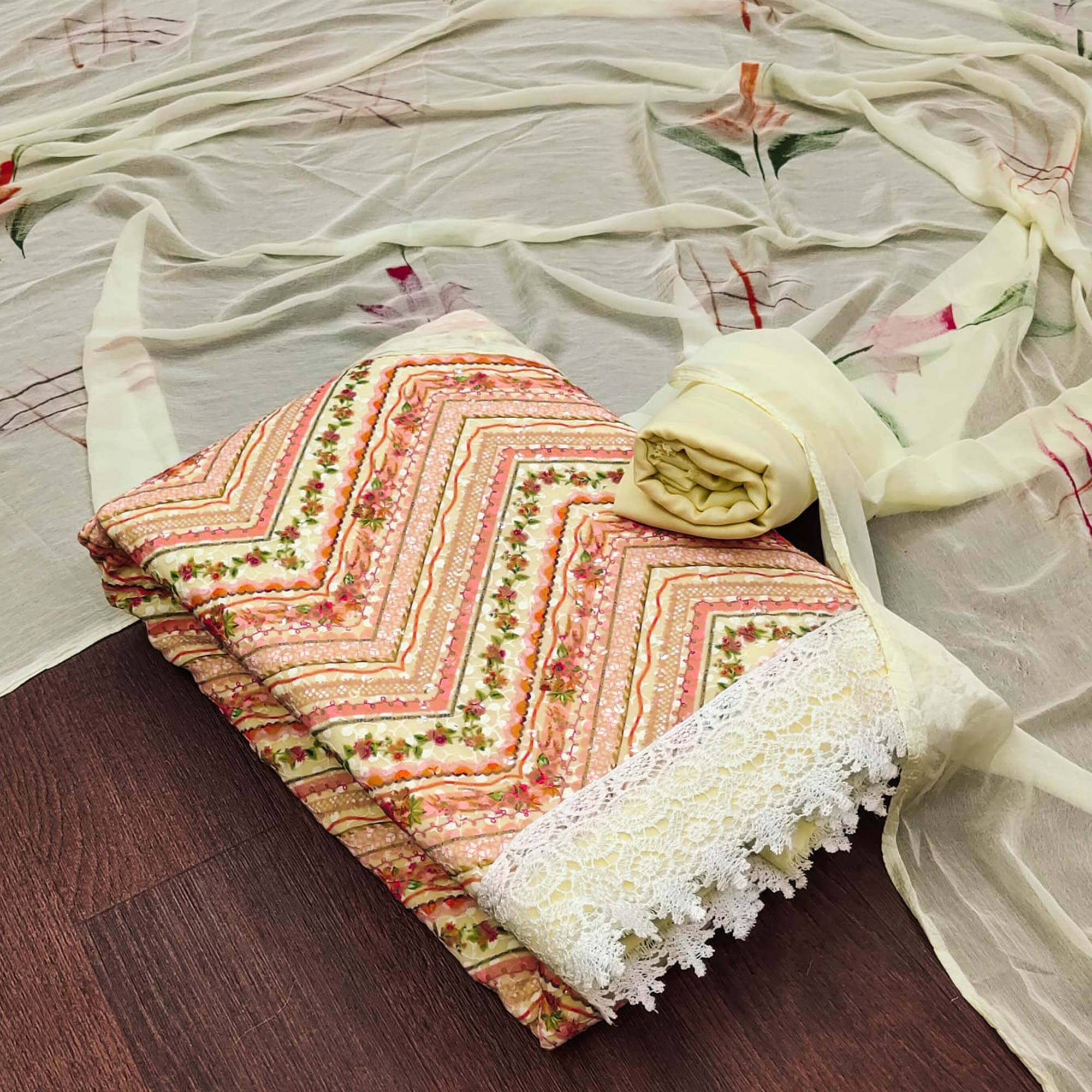 Peach Schiffli Embroidered With Digital Printed Georgette Dress Material