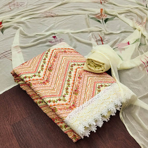 Peach Schiffli Embroidered With Digital Printed Georgette Dress Material