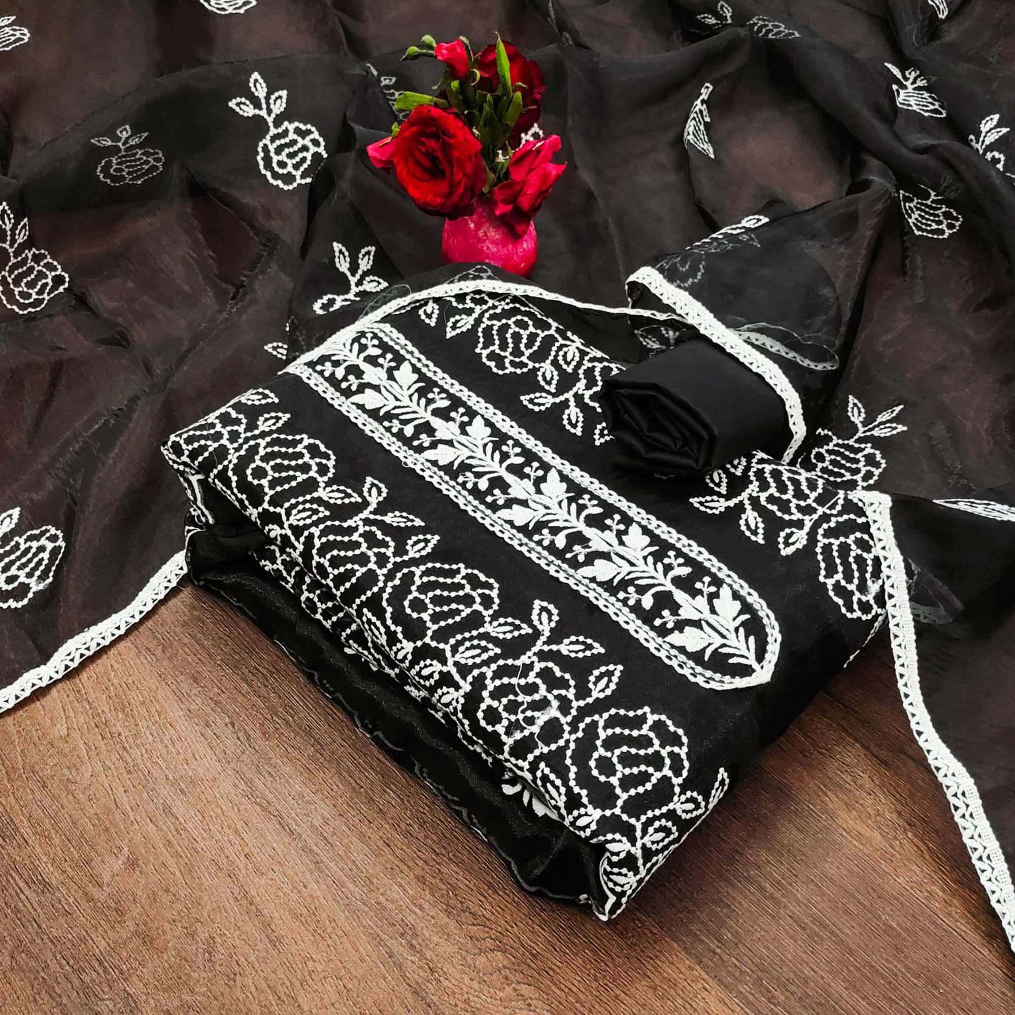 Black Floral Embroidered Organza Dress Material