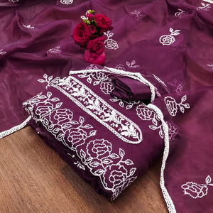 Wine Floral Embroidered Organza Dress Material