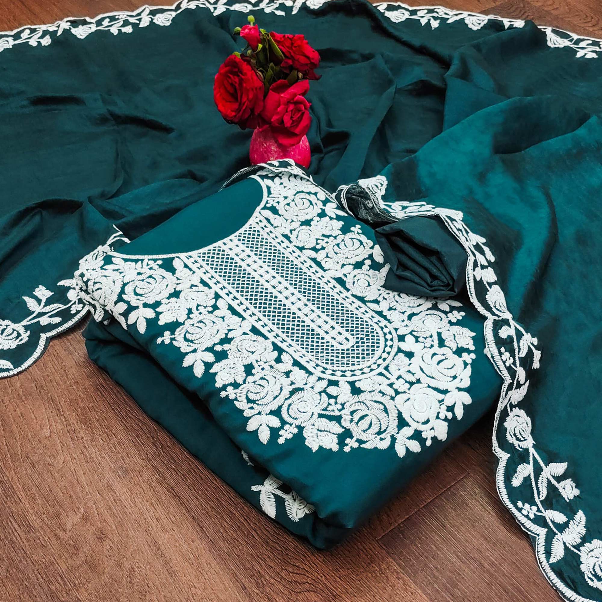 Morpich Floral Embroidered Chanderi Dress Material