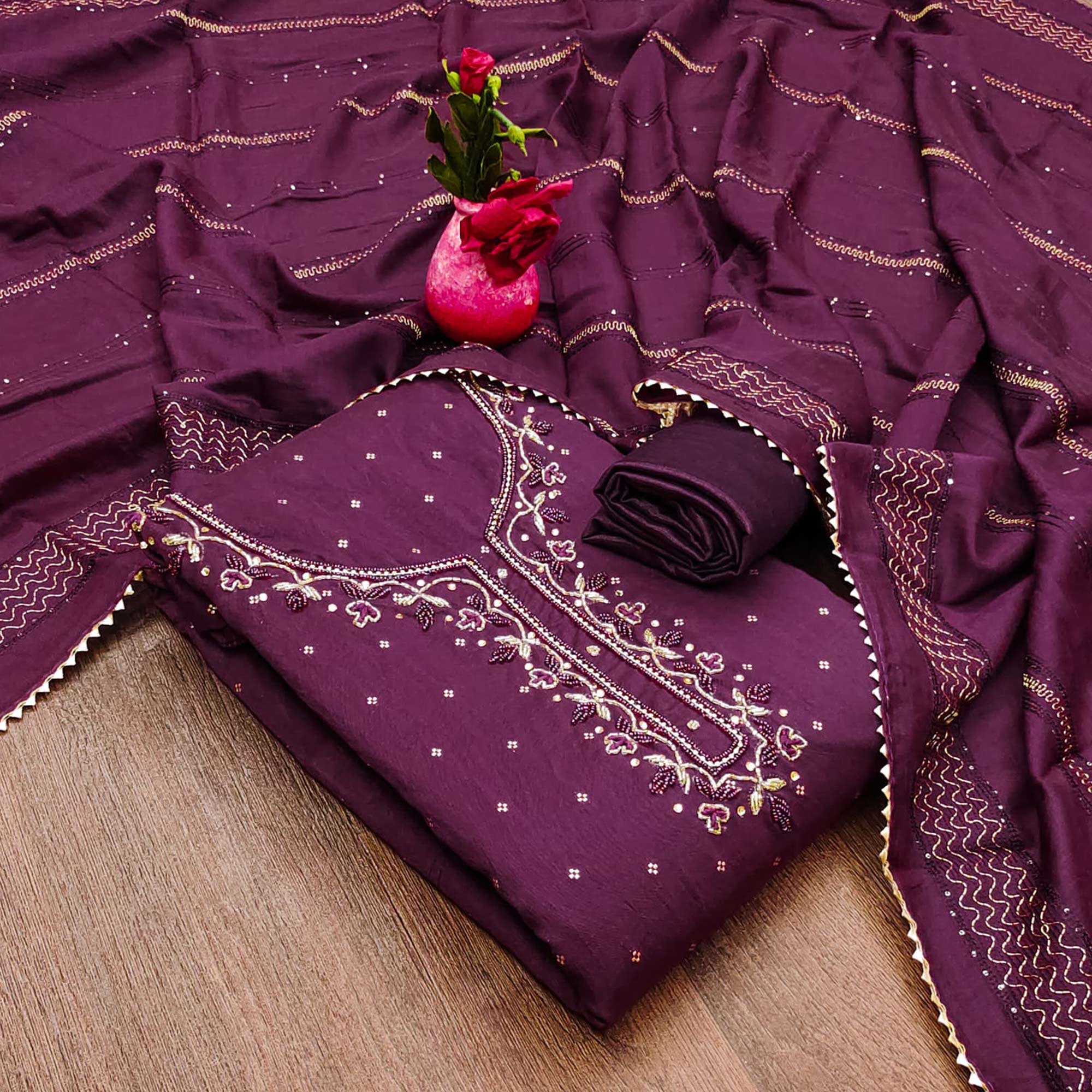Wine Butti With Hand Embroidered Jacquard Dress Material