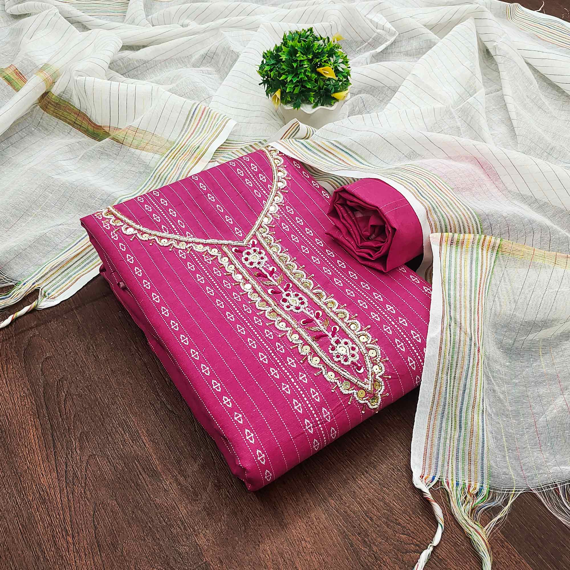 Pink Woven With Handwork Cotton Blend Dress Material