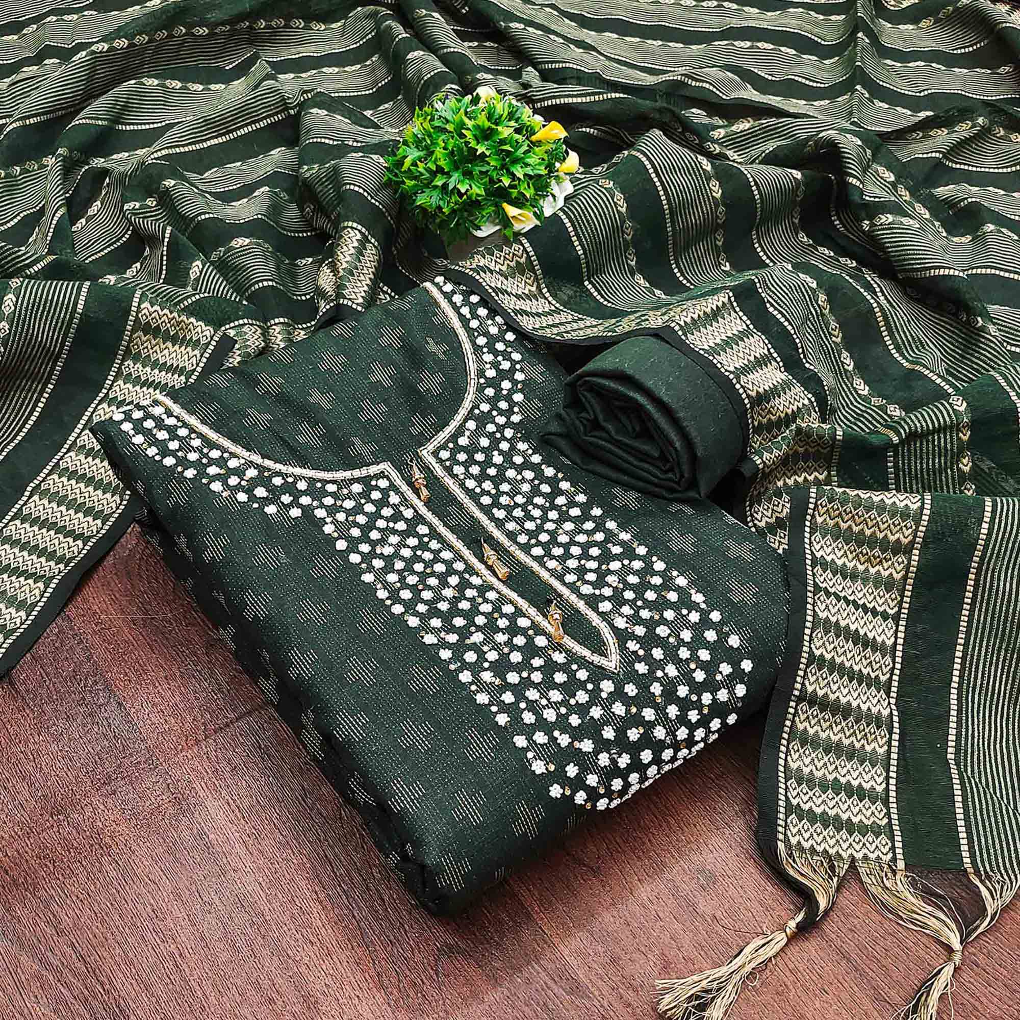 Green Woven With Handwork Cotton Blend Dress Material