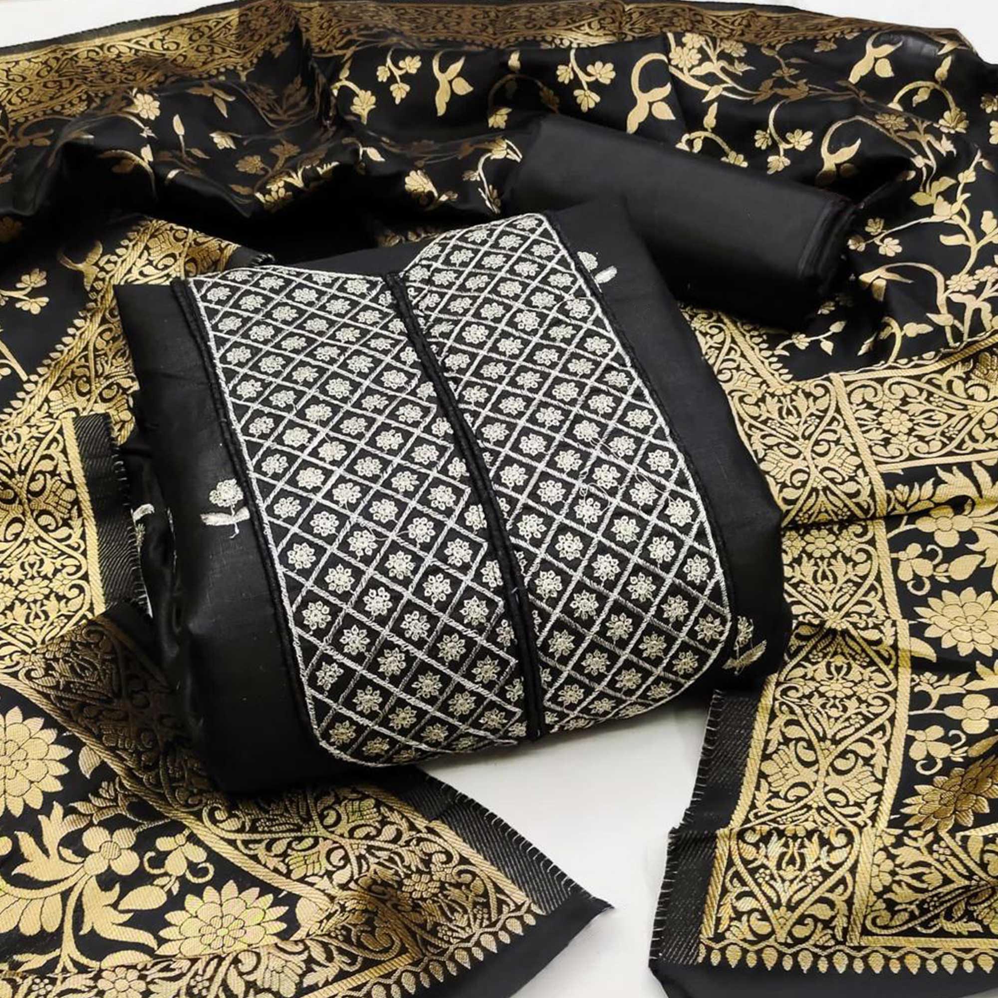 Black Floral Embroidered Cotton Blend Dress Material