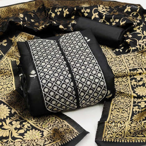 Black Floral Embroidered Cotton Blend Dress Material