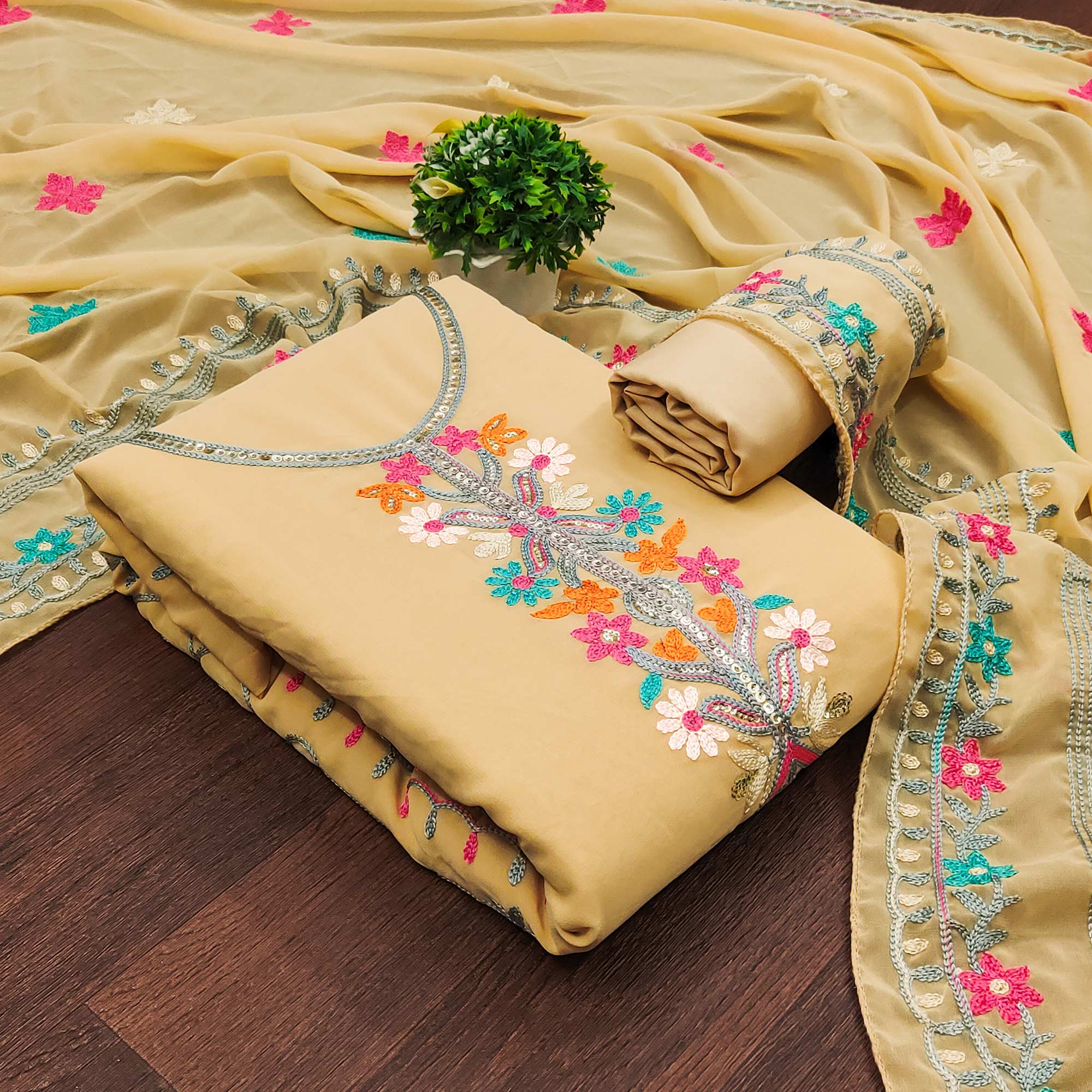 Chikoo Floral Sequins Embroidered Georgette Dress Material