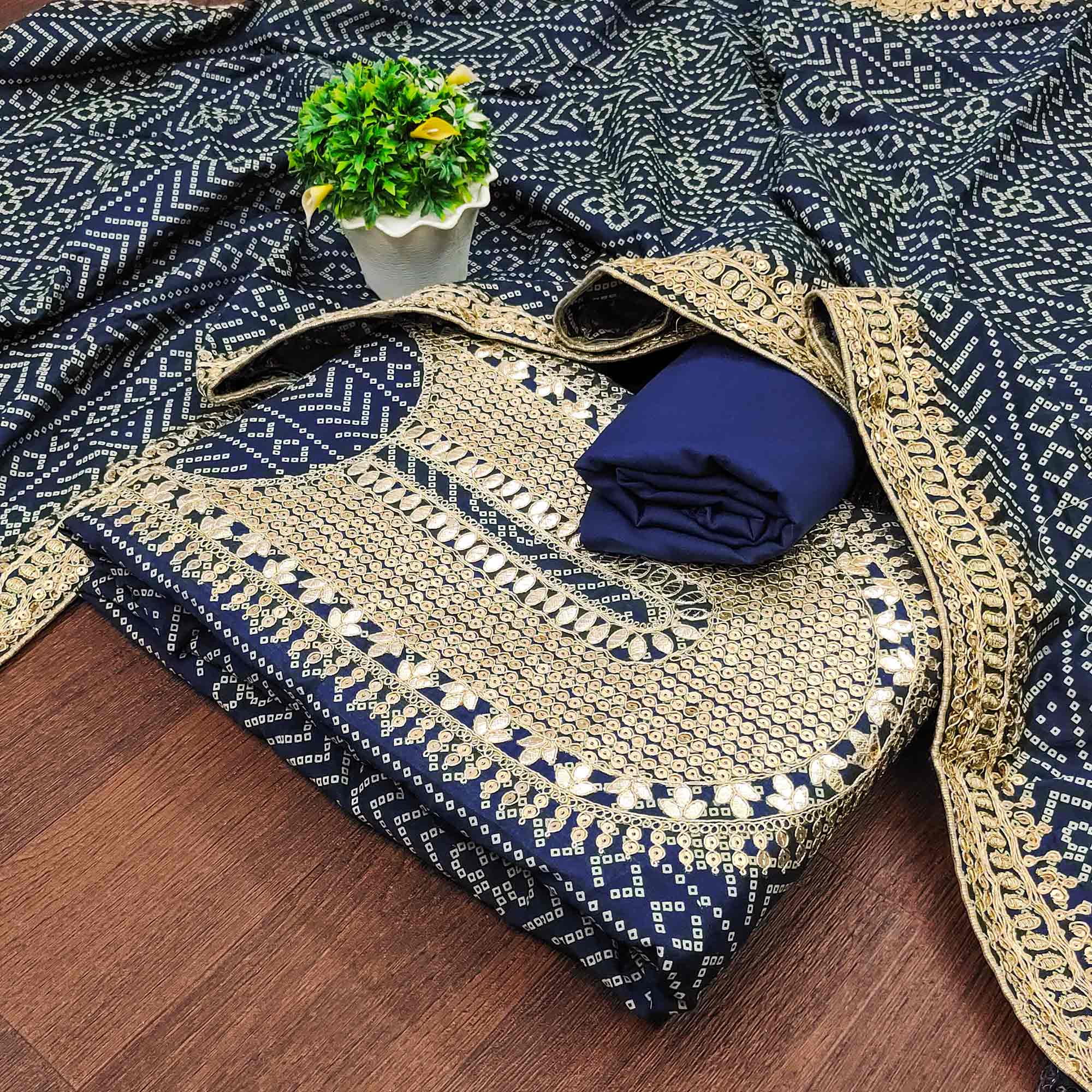 Blue Bandhani Printed With Sequins Work Bhagalpuri Silk Dress Material