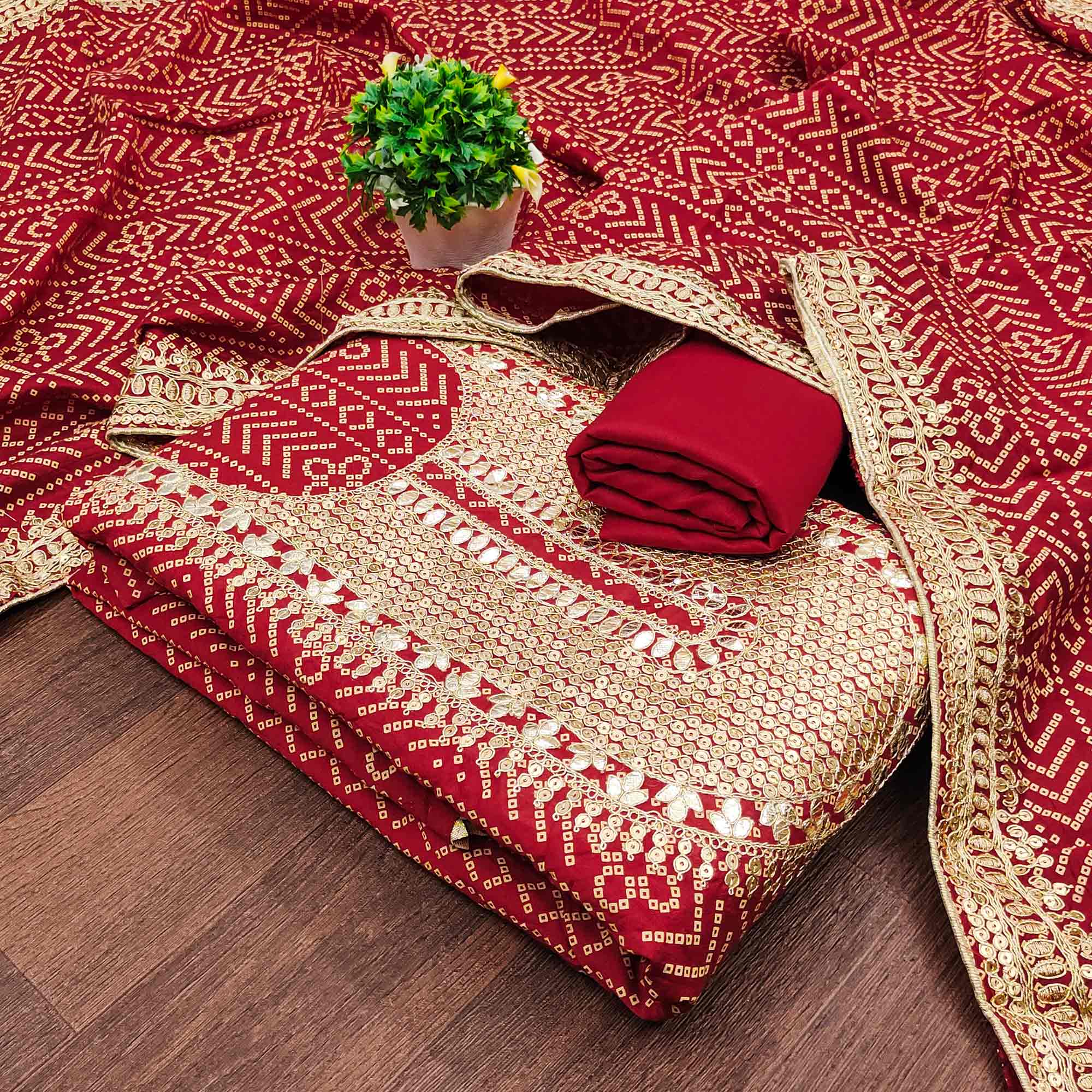 Red Bandhani Printed With Sequins Work Bhagalpuri Silk Dress Material
