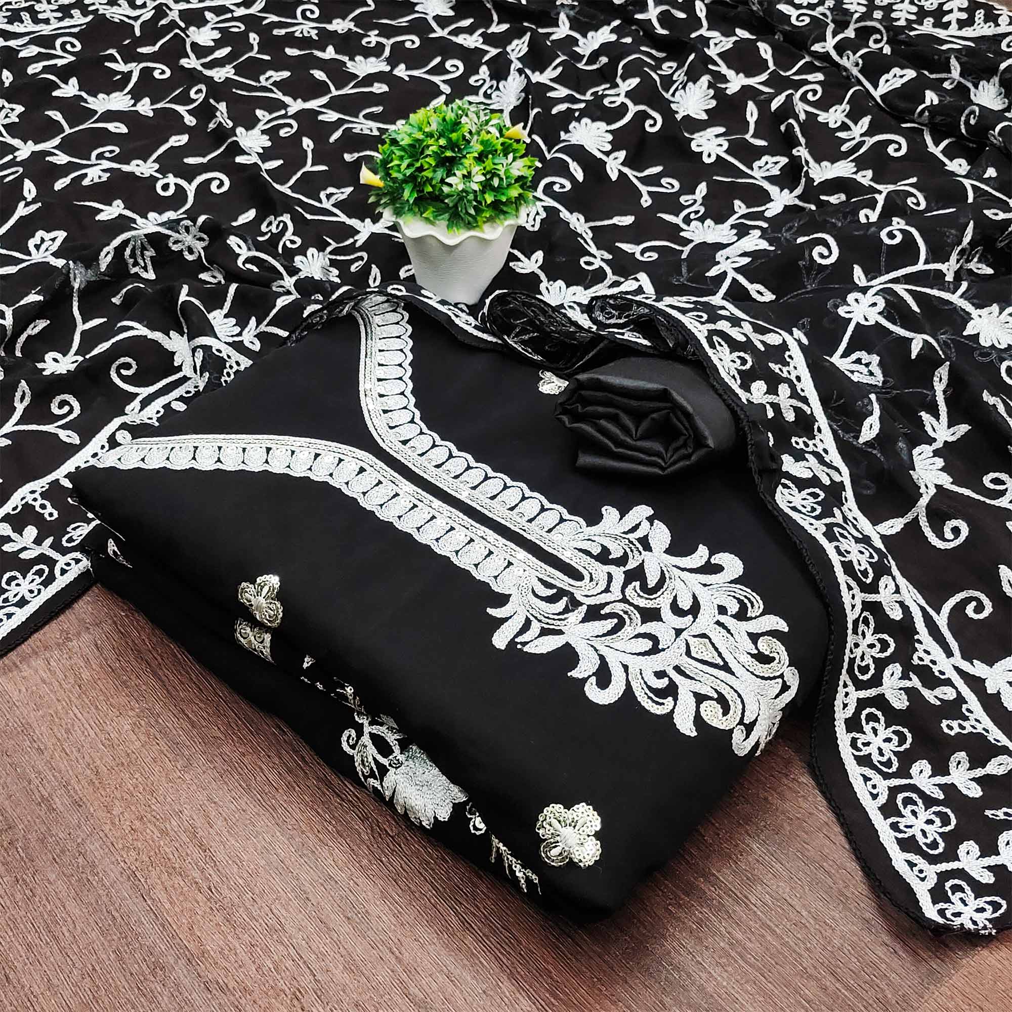 Black Floral Sequins Embroidered Georgette Dress Material