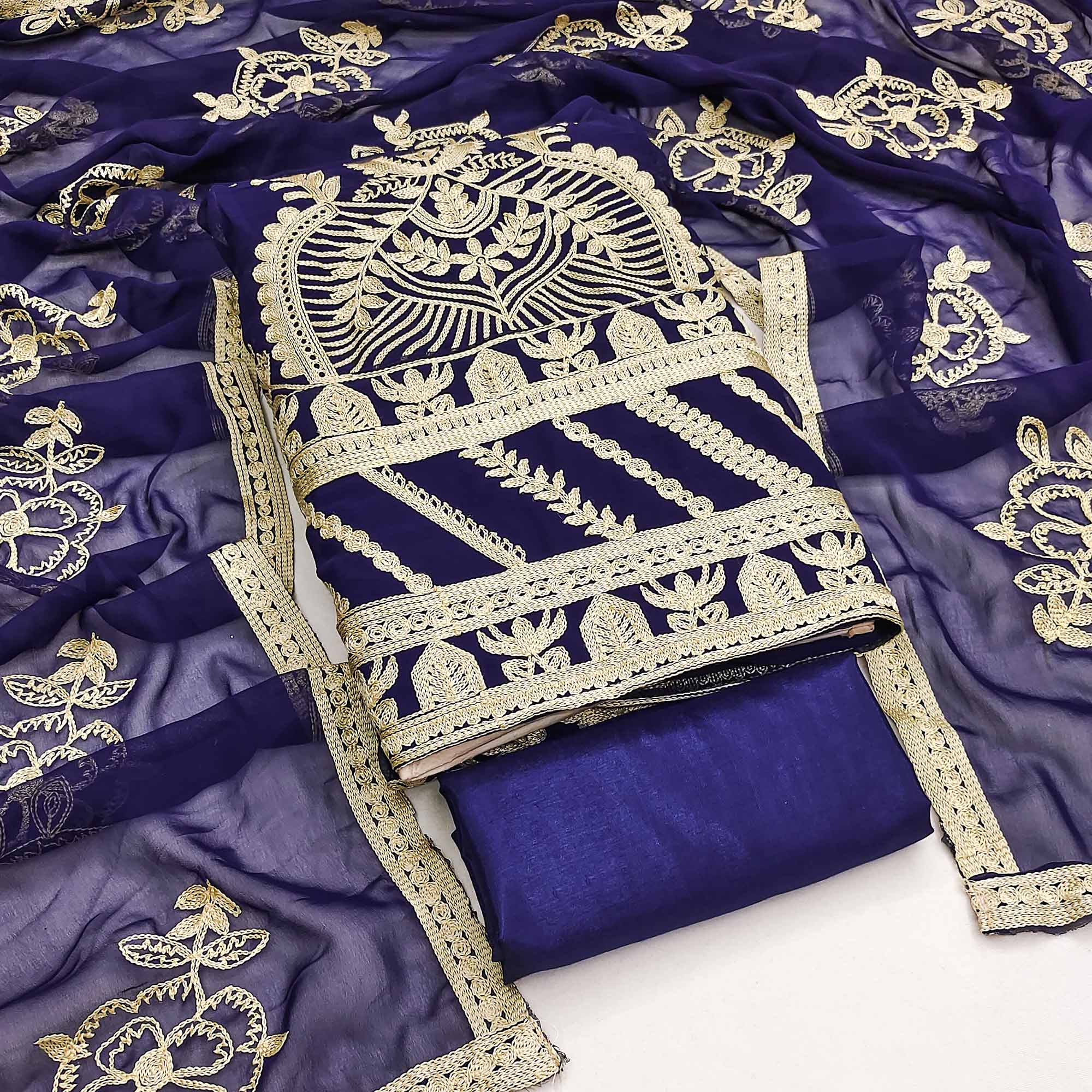 Navy Blue Floral Embroidered Georgette Dress Material