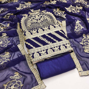 Navy Blue Floral Embroidered Georgette Dress Material