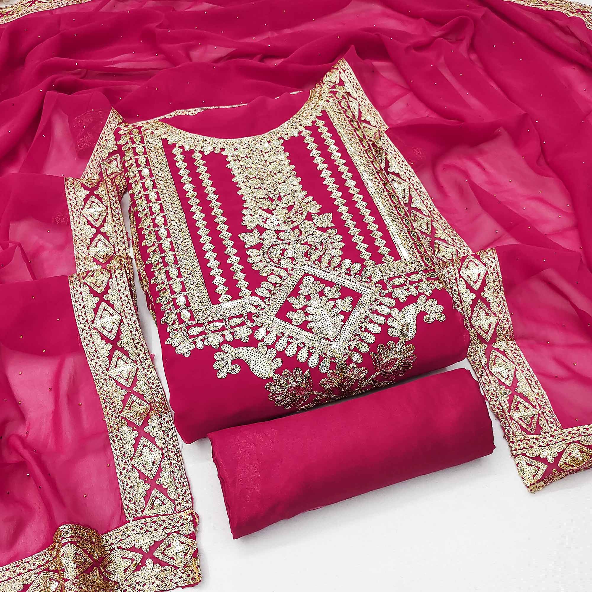 Rani Pink Floral Sequins Embroidered Georgette Dress Material