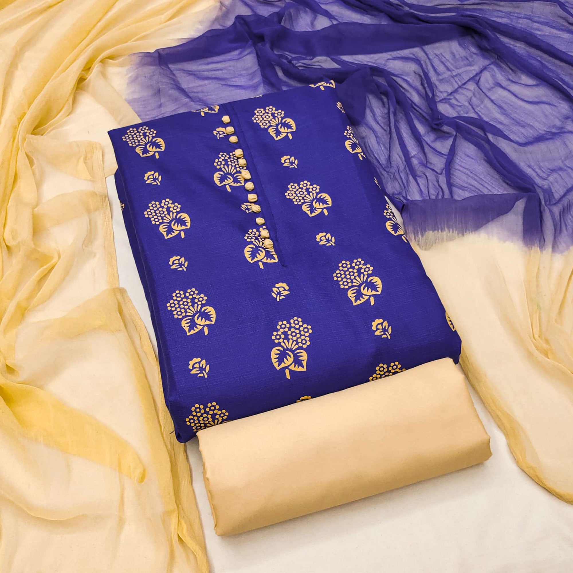 Royal Blue Floral Foil Printed Cotton Blend Dress Material
