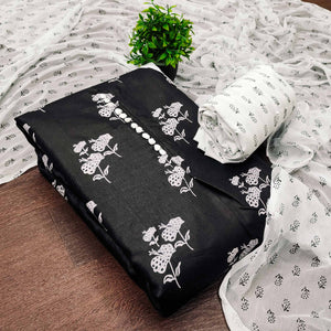 Black Cotton Blend Fabric Featuring Subtle and Elegant Floral Prints