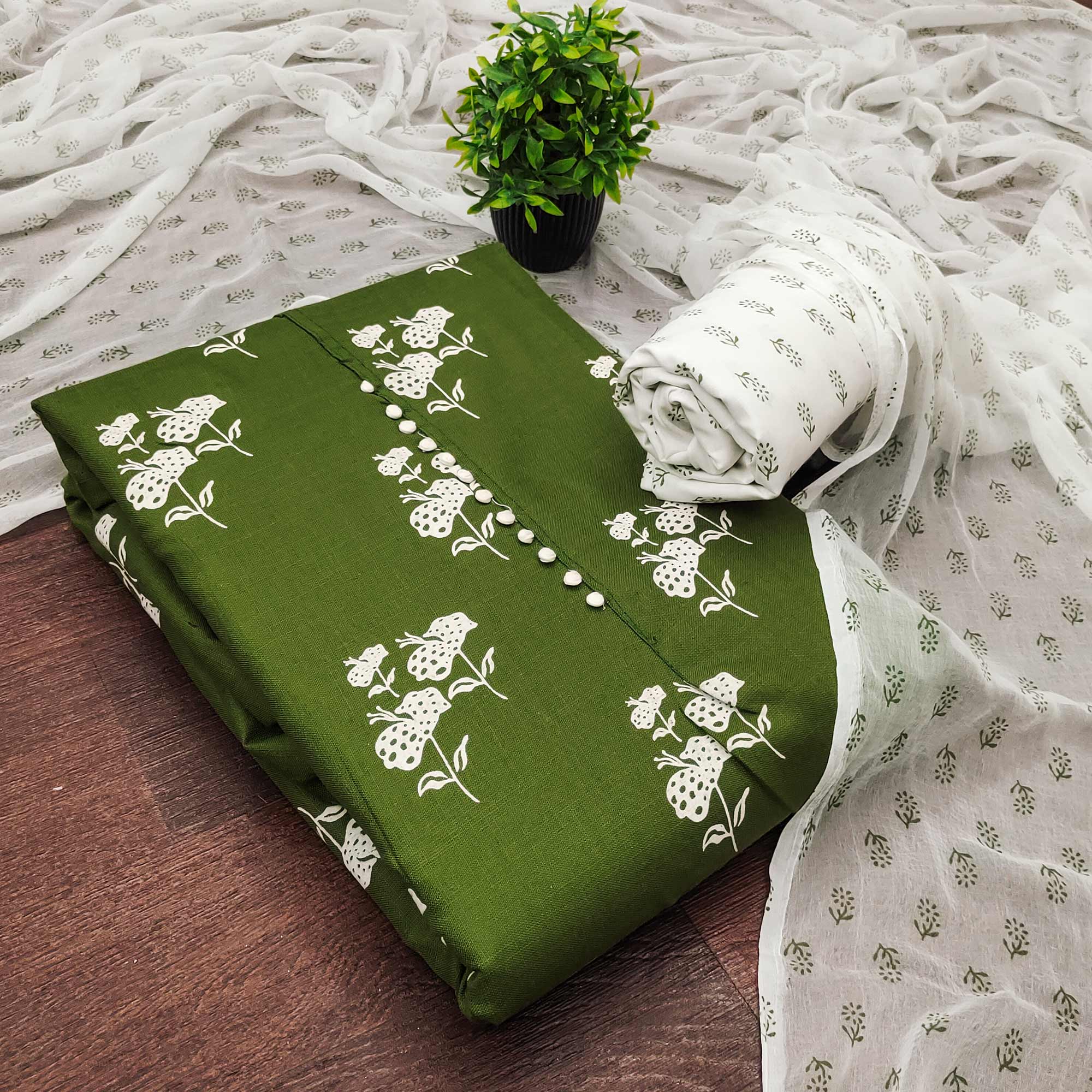Dark Green Cotton Blend Fabric Featuring Subtle and Elegant Floral Prints