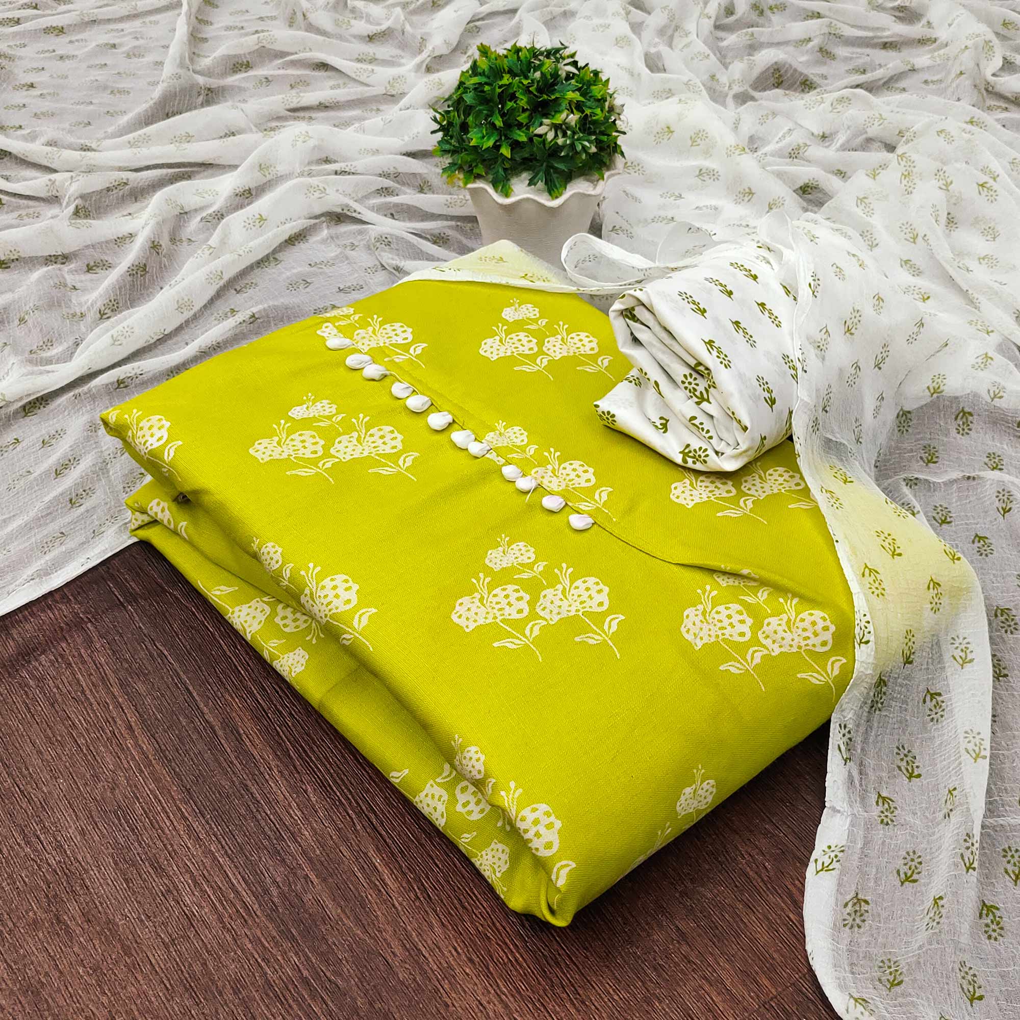 Green Cotton Blend Floral Printed Dress Material