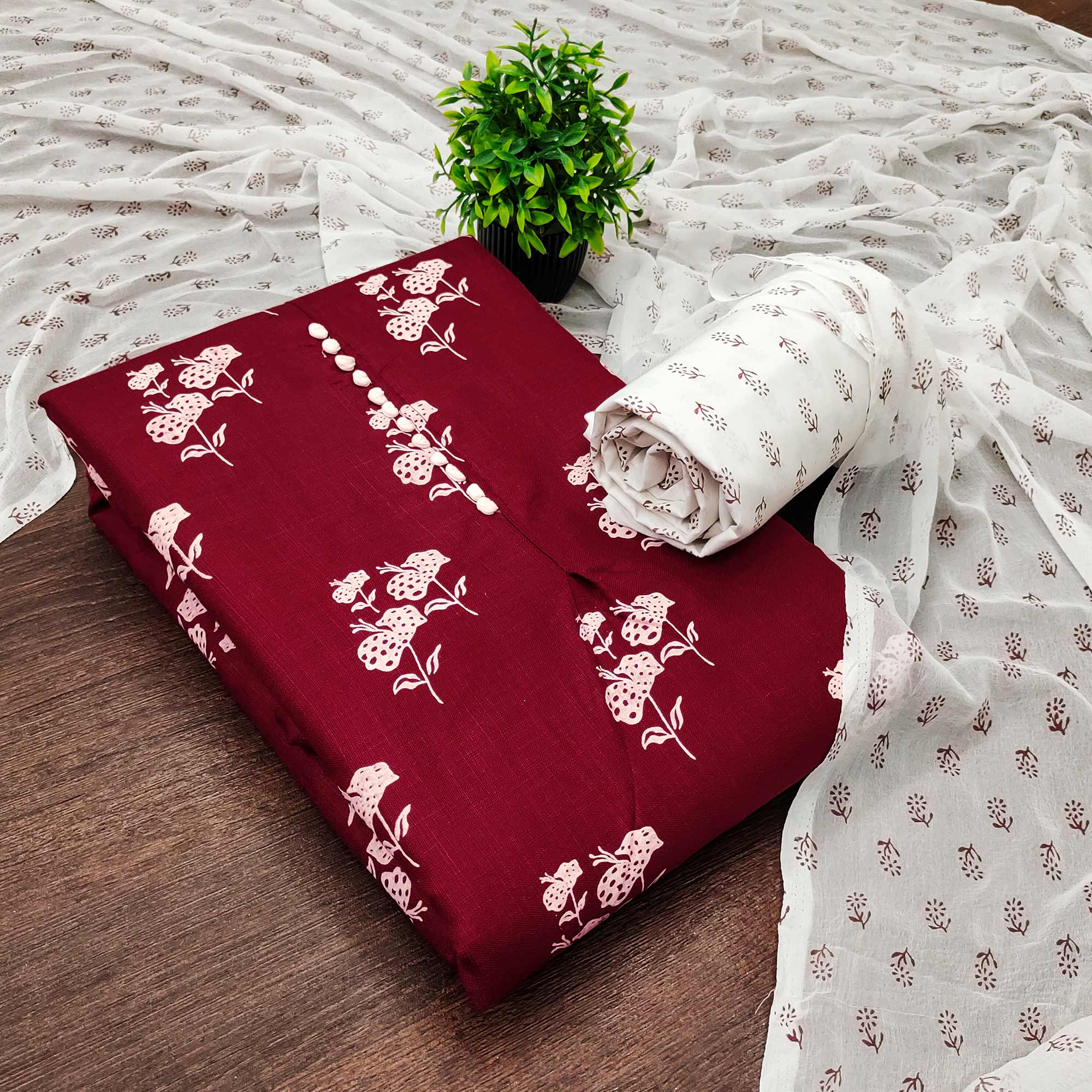 Maroon Cotton Blend Fabric Featuring Subtle and Elegant Floral Prints