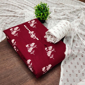 Maroon Cotton Blend Fabric Featuring Subtle and Elegant Floral Prints