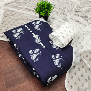 Navy Blue Cotton Blend Fabric Featuring Subtle and Elegant Floral Prints