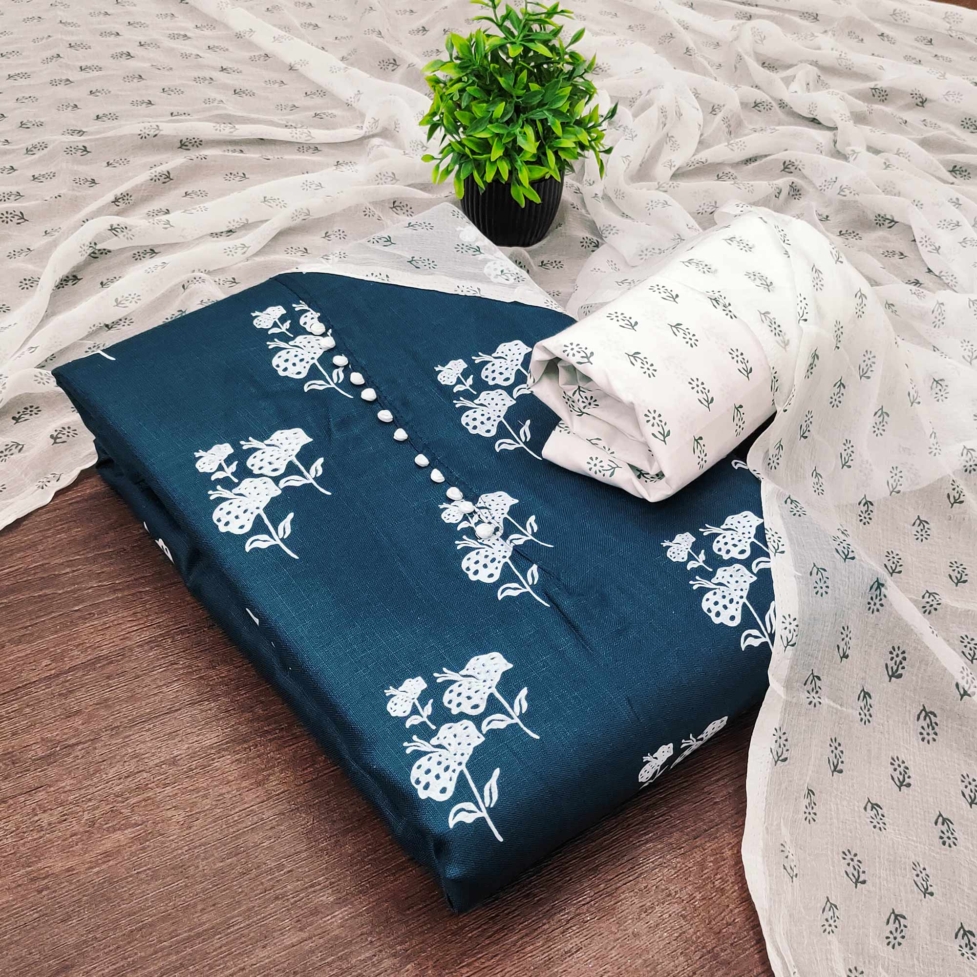 Teal Cotton Blend Fabric Featuring Subtle and Elegant Floral Prints
