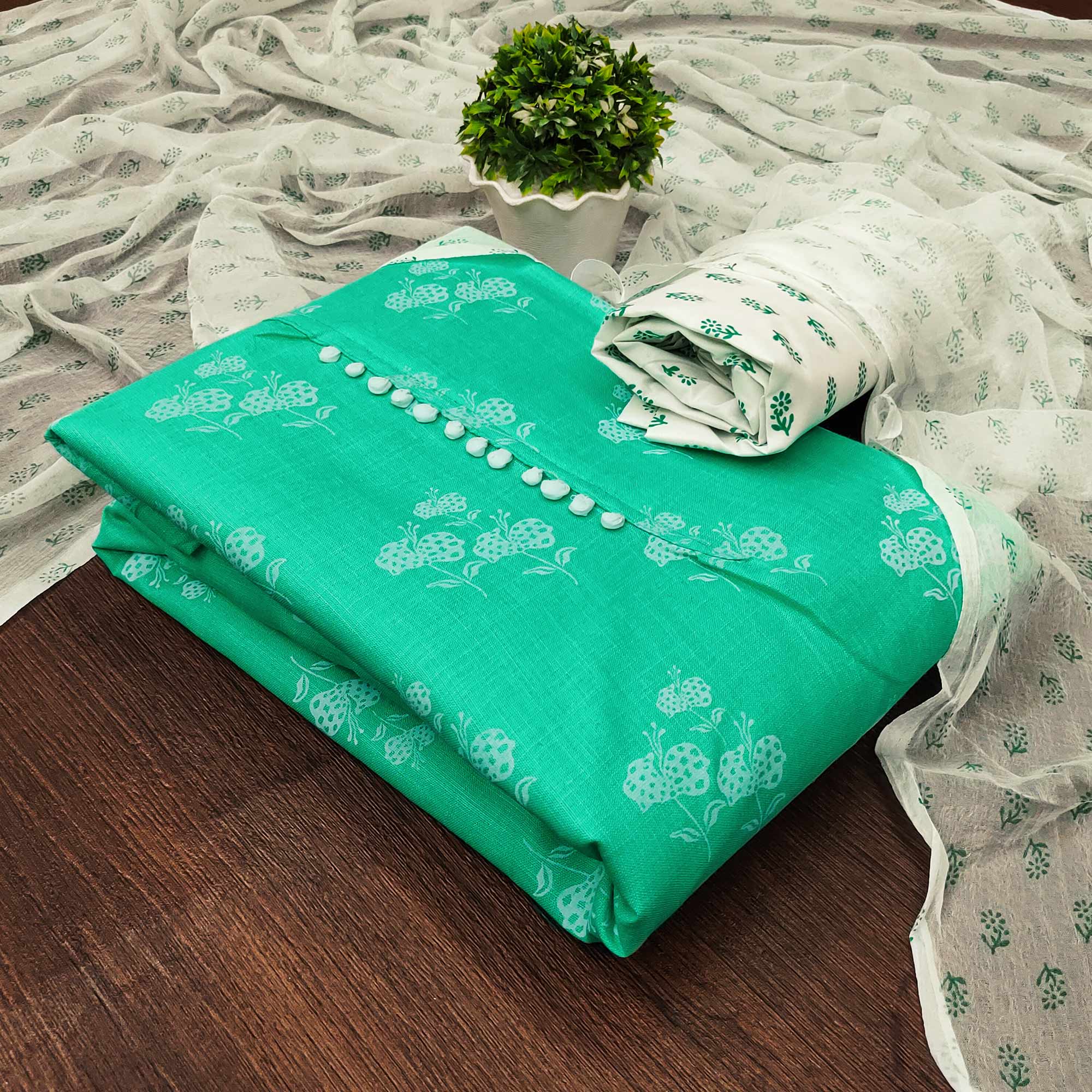Turquoise Cotton Blend Floral Printed Dress Material