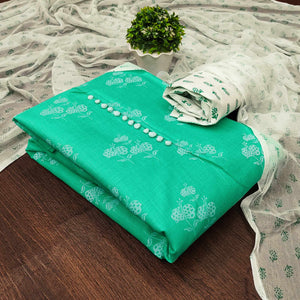 Turquoise Cotton Blend Floral Printed Dress Material